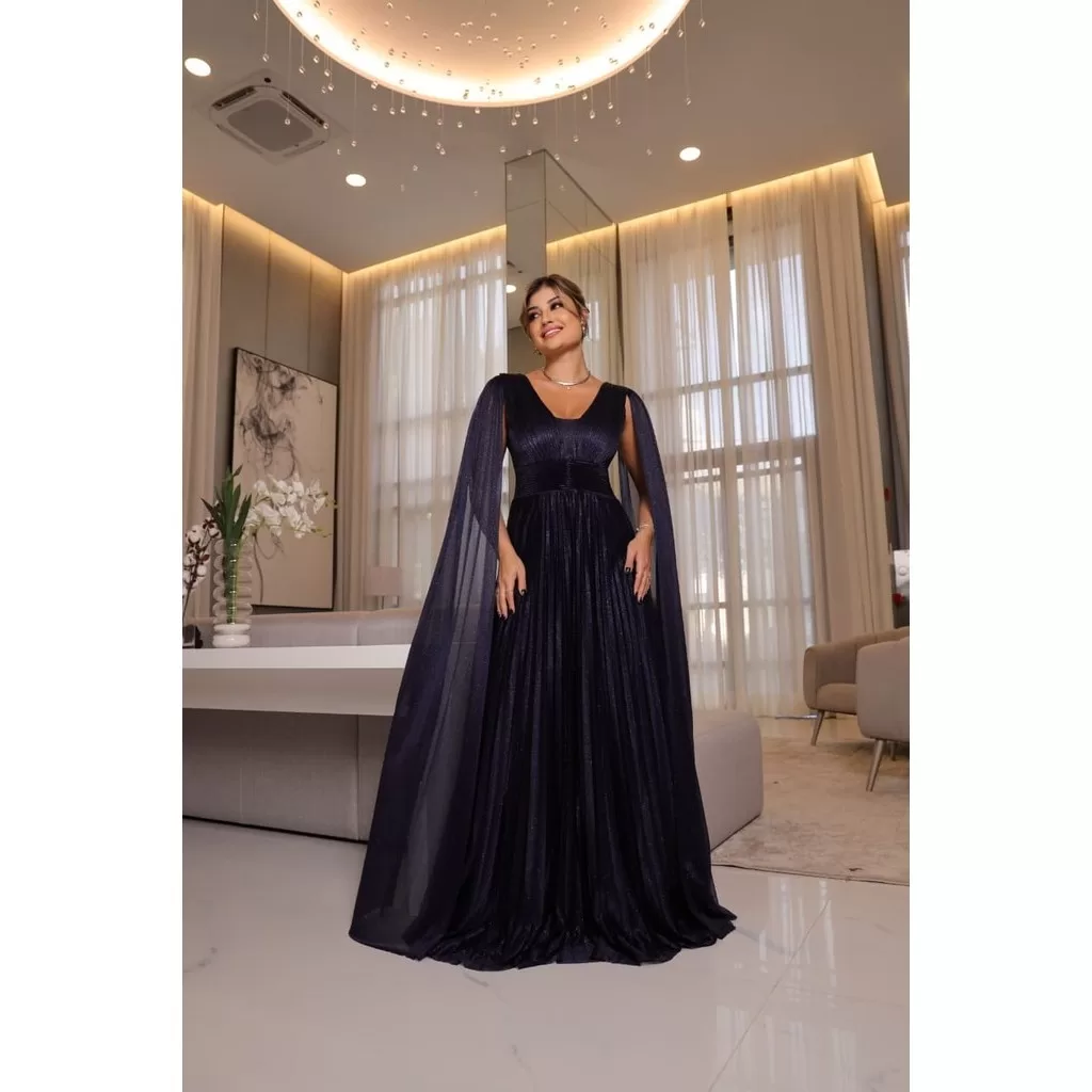 Vestido Feminino De Festa Longo Brilhante Plissado Com Capa Para Festa Formatura Casamento
