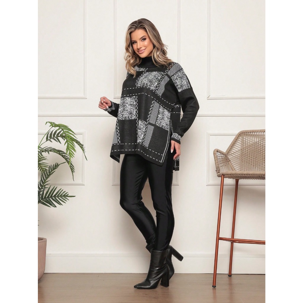 Poncha com cacharrel feminino com xadrez grande de novo coleção