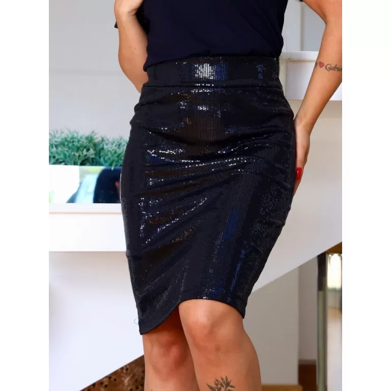 Saia Midi Feminina Preta em Paetê Modelo Premium