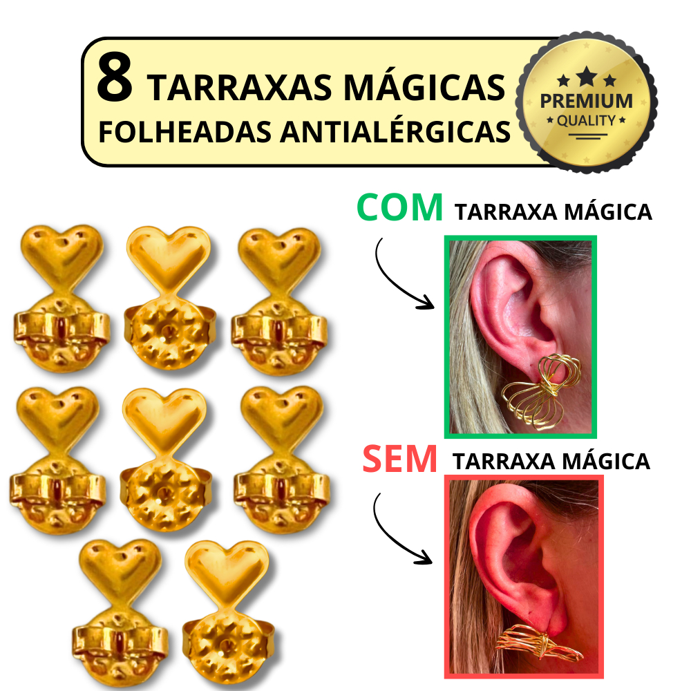 Tarraxa Mágica Kit 8 Peças Ear Cuff Tarracha Folheada a Ouro 18k Levanta Orelha Rasgada Antialérgico