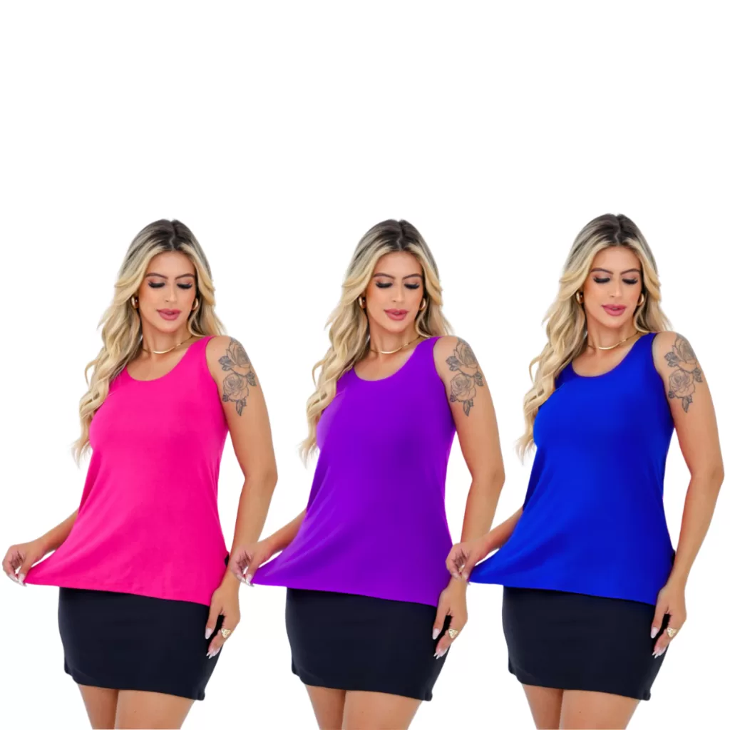 Kit 3 Camiseta Regata Feminina Premium Fitness para Treino e Academia Tapa Bumbum