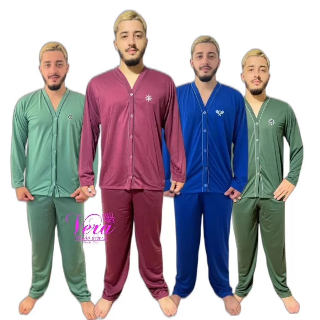 Kit 4 Pijama Masculino Adulto Aberto Botão Longo Cirurgia