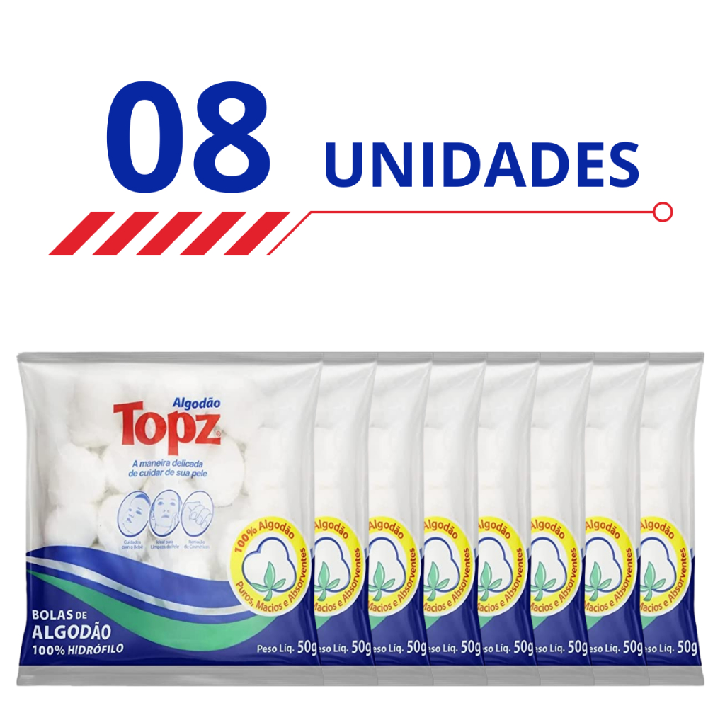 Kit 8 Algodão Topz em Bolas Hidrófilos Puros Macios e Absorventes 50g
