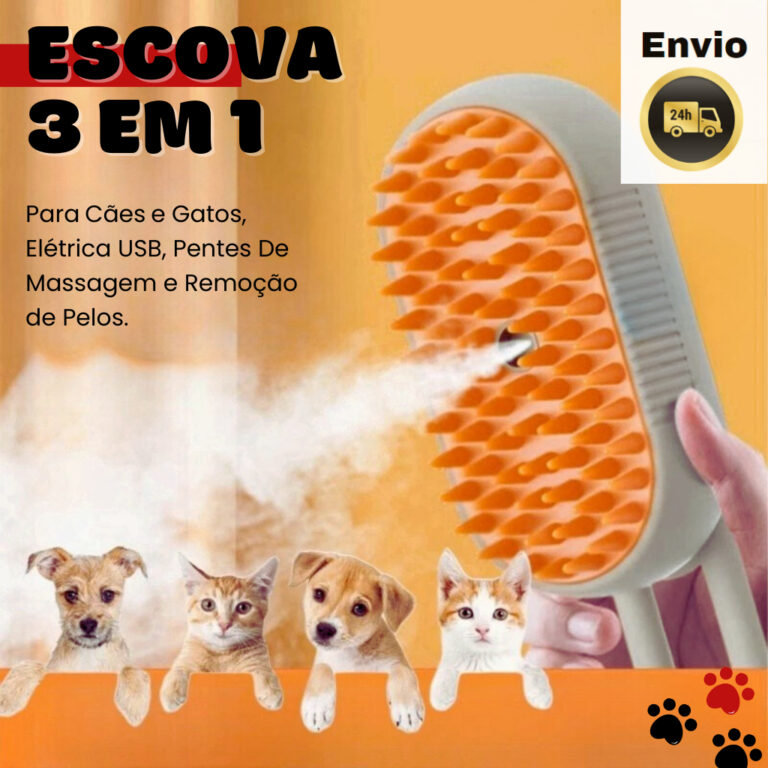 Escova A Vapor Para Cães e Gatos 3 Em 1 Elétrica