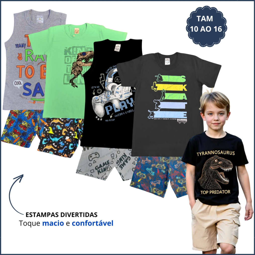 Kit 4 Conjuntos Masculino Infantil Verão Roupa de Criança Menino Mauricinho Blogueirinho Personagem