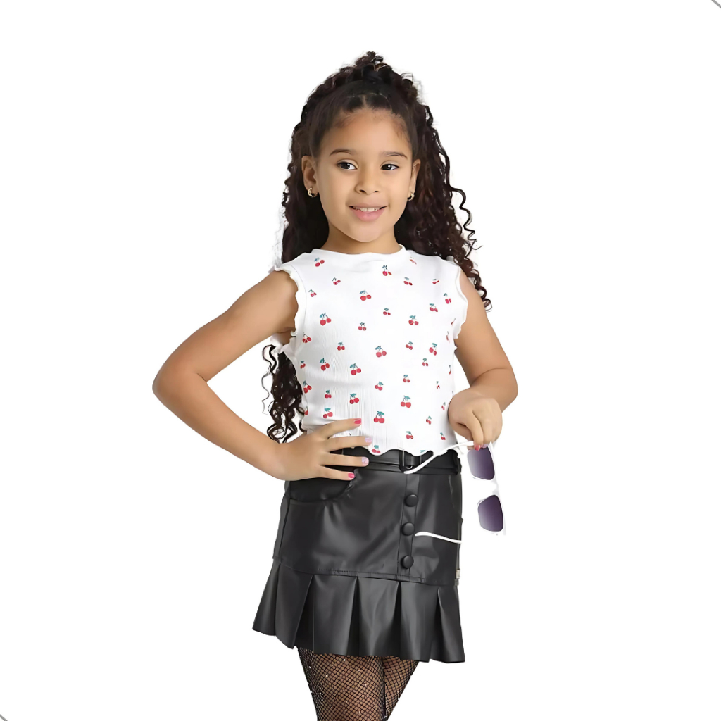 Saia Infantil Menina Blogueirinha de Cirrê com Botão Cinto Bolsos Falsos e Babado Conforto e Estilo