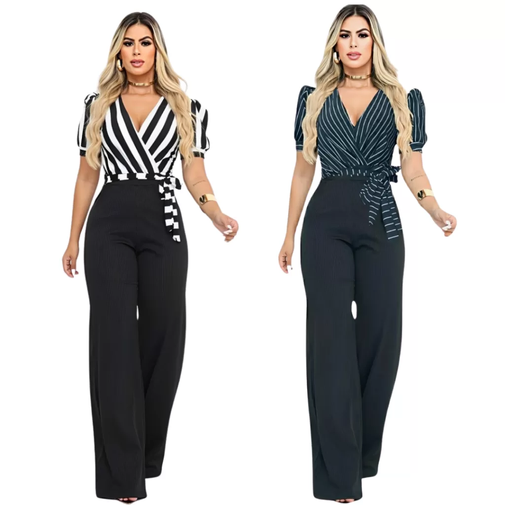 Kit 2 Macacão Feminino Listrado Manga Curta Pantalona Social Elegante chique com malha canelada deco
