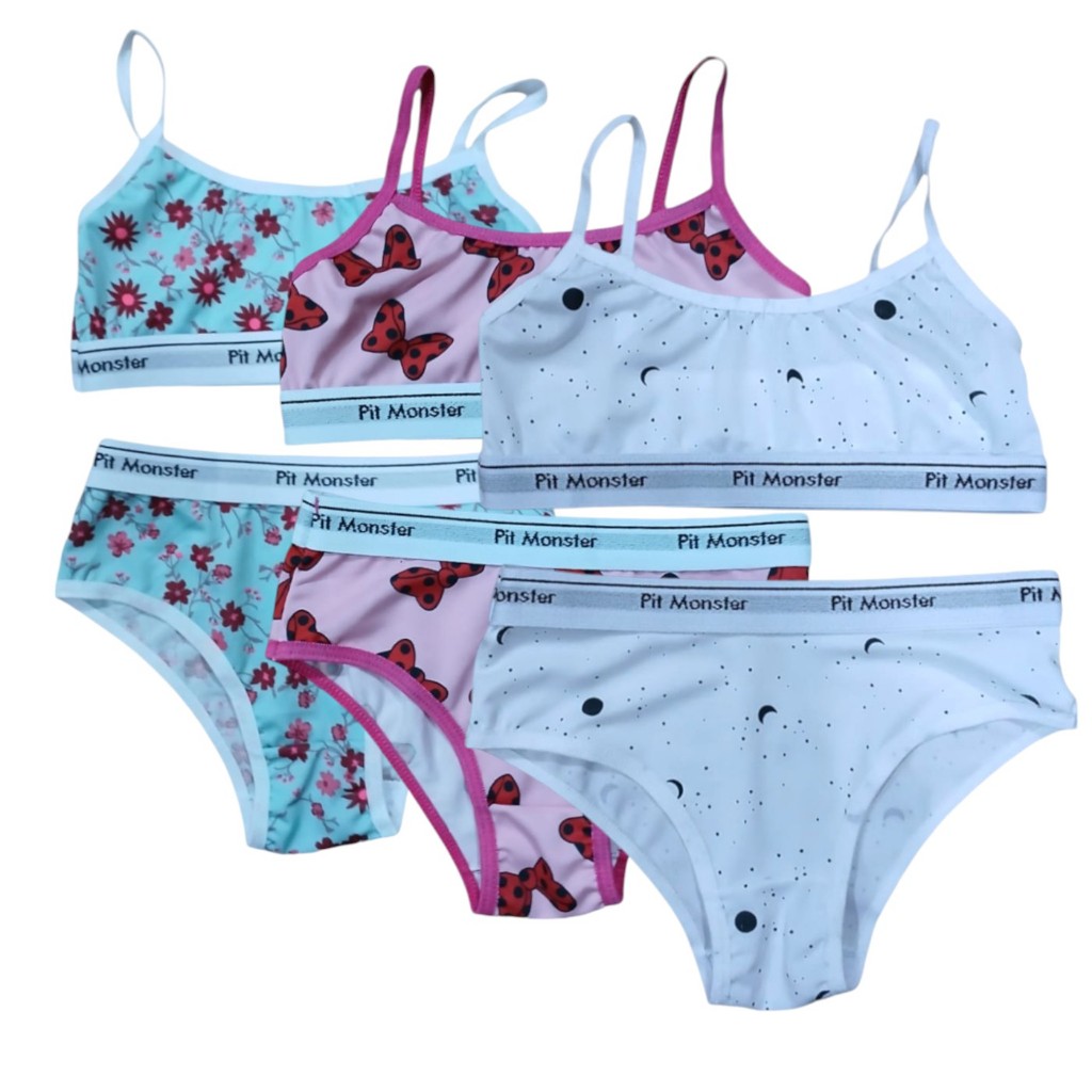 Kit 1 à 3 Conjunto Infantil Top e Calcinha Estampa Confortável Barato Menina Dia a Dia 8/12 anos 294