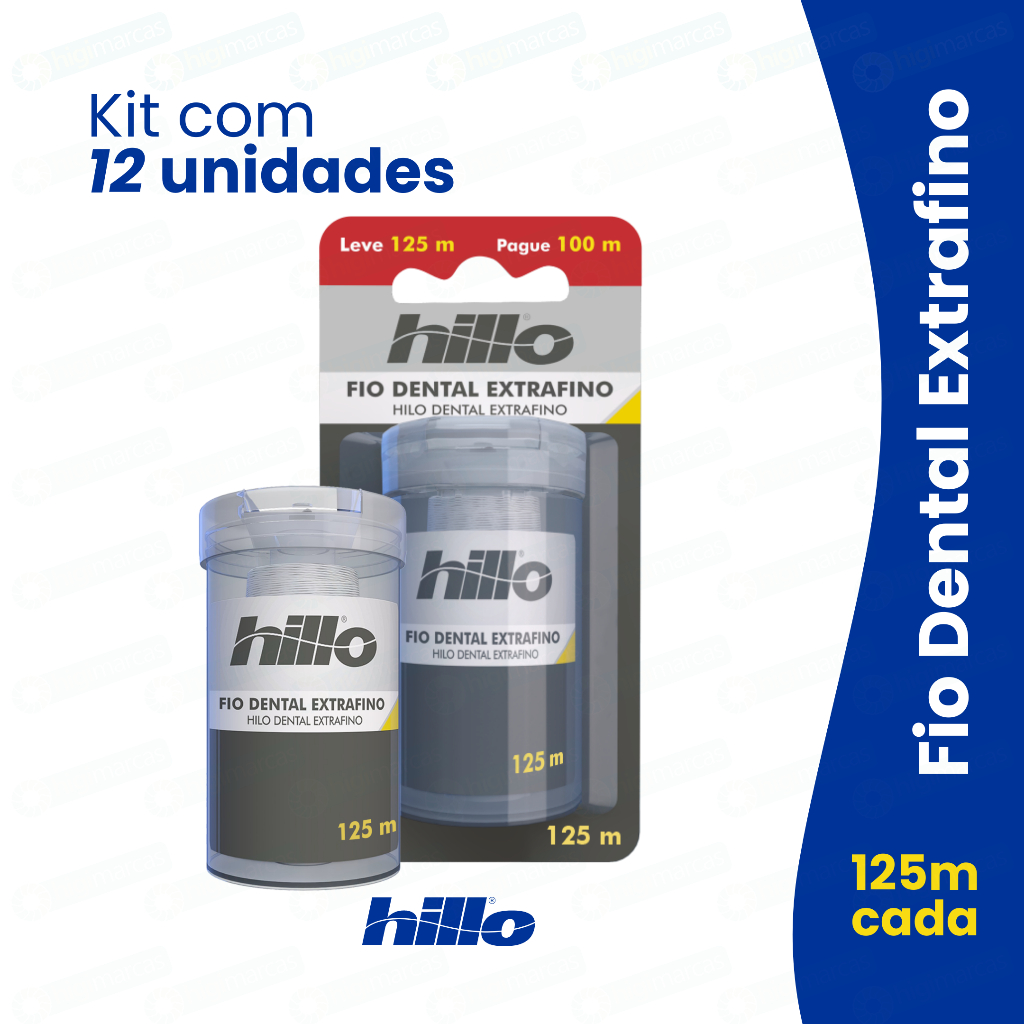 Kit 12 Fio Dental Extra Fino 125 Metros Hillo Econômico Saúde Bucal Premium Brinde