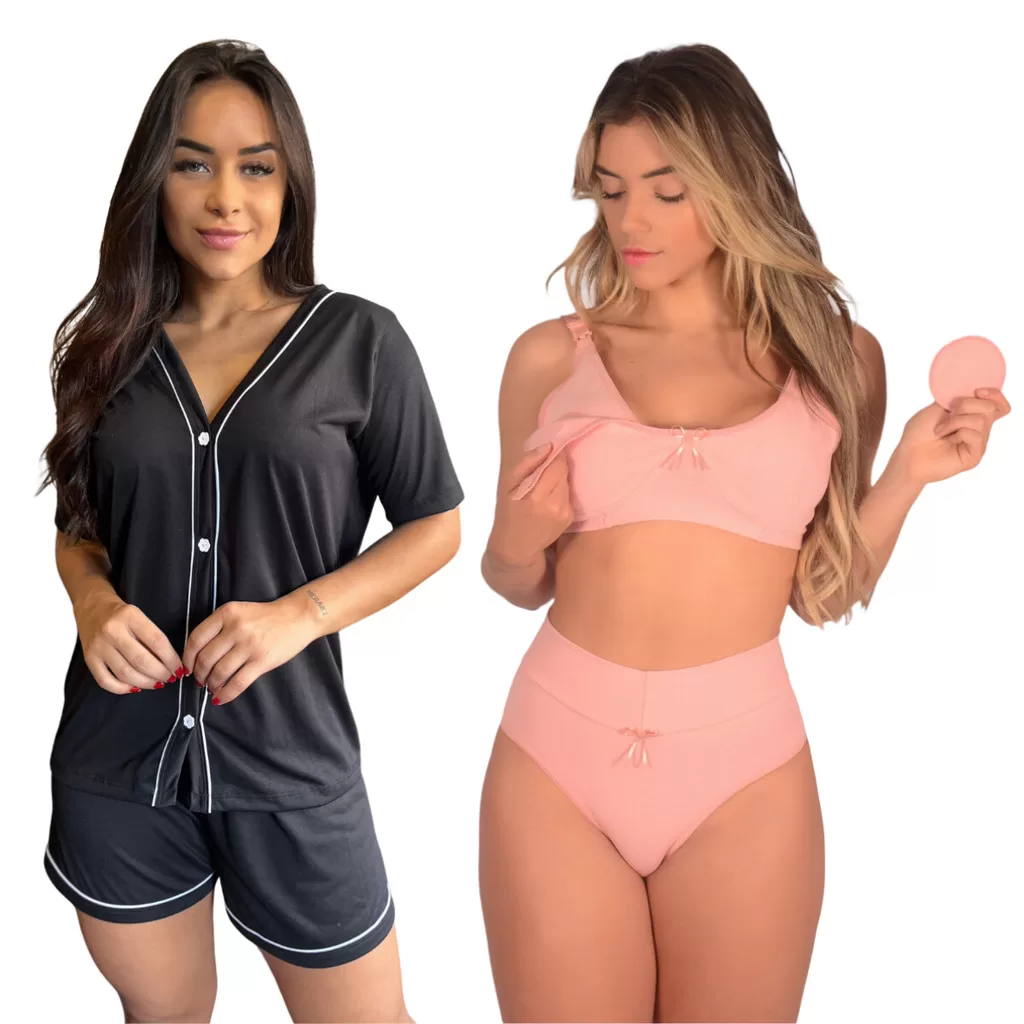 Kit 1 Pijama Americano Curto Botão +1 Conjunto Sutiã de Amamentação e Calcinha Cós Alto Cintura Alta