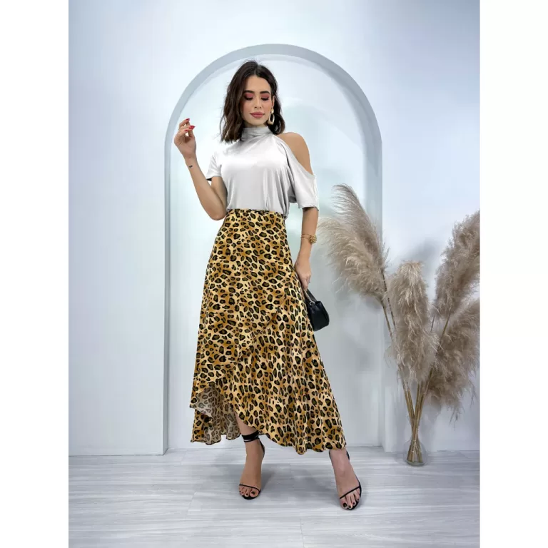 Saia Midi Envelope Transpassada Moda Feminina