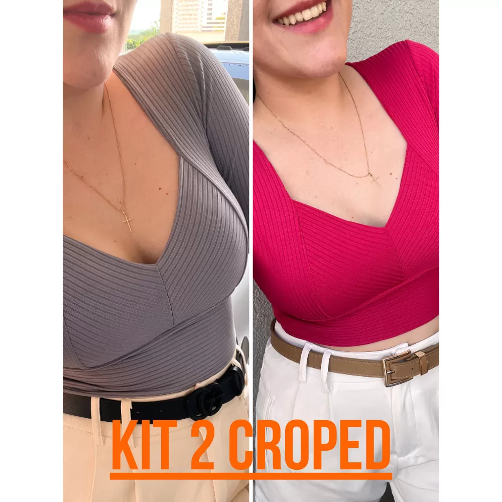 Kit 2 Blusa Cropped Feminina Gola V Manga Longa Canelado Meia Estacao