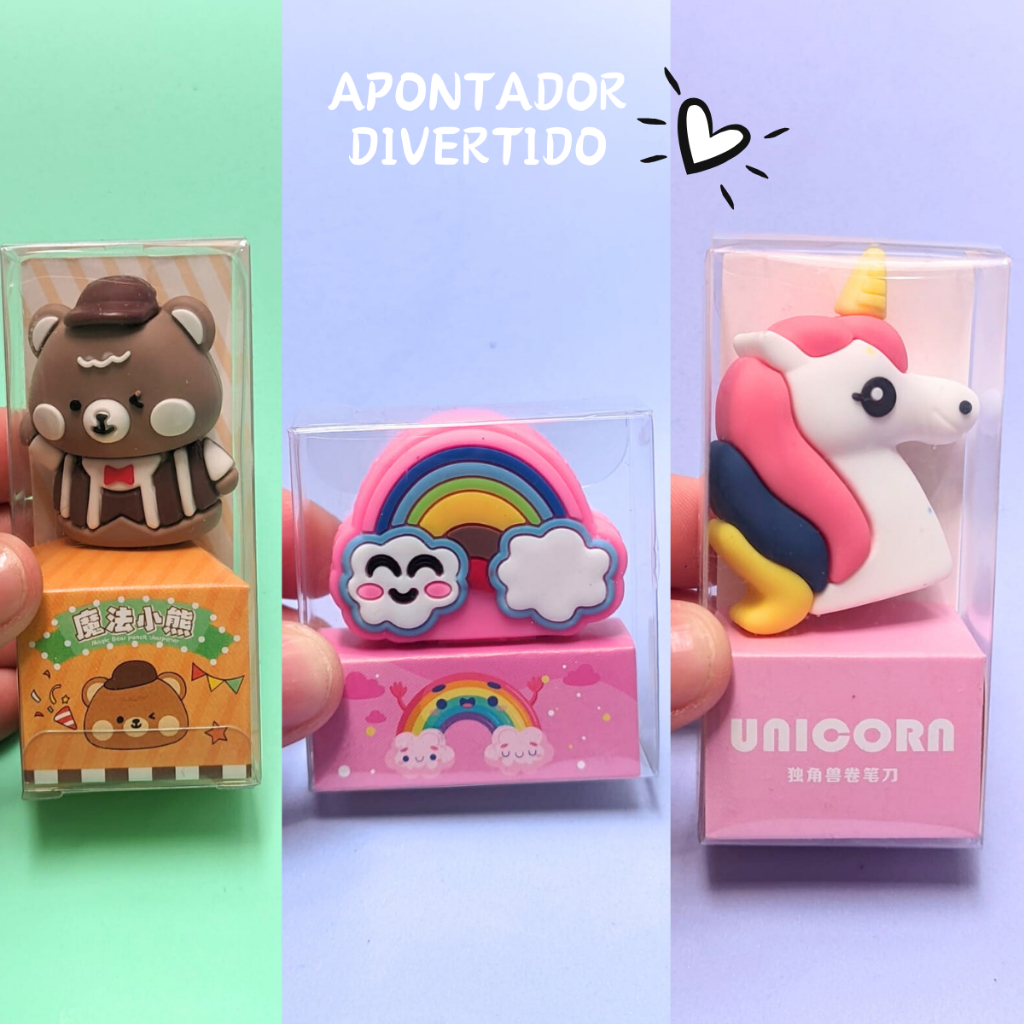 Apontador Escolar Sem Deposito Clássico  Designer Divertido Temas Unicórnio Arco-Íris e Ursinho