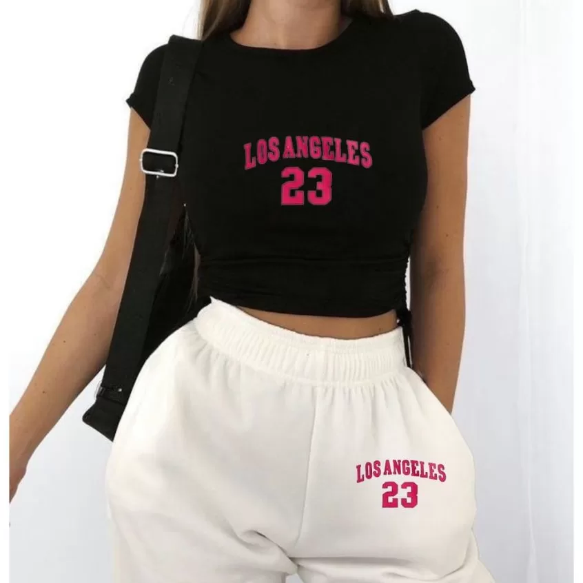 Conjunto Cropped Slim + Calça Moletom Estilo Streetwear Estampa Los Angeles Style Moda Verão Gym Alg