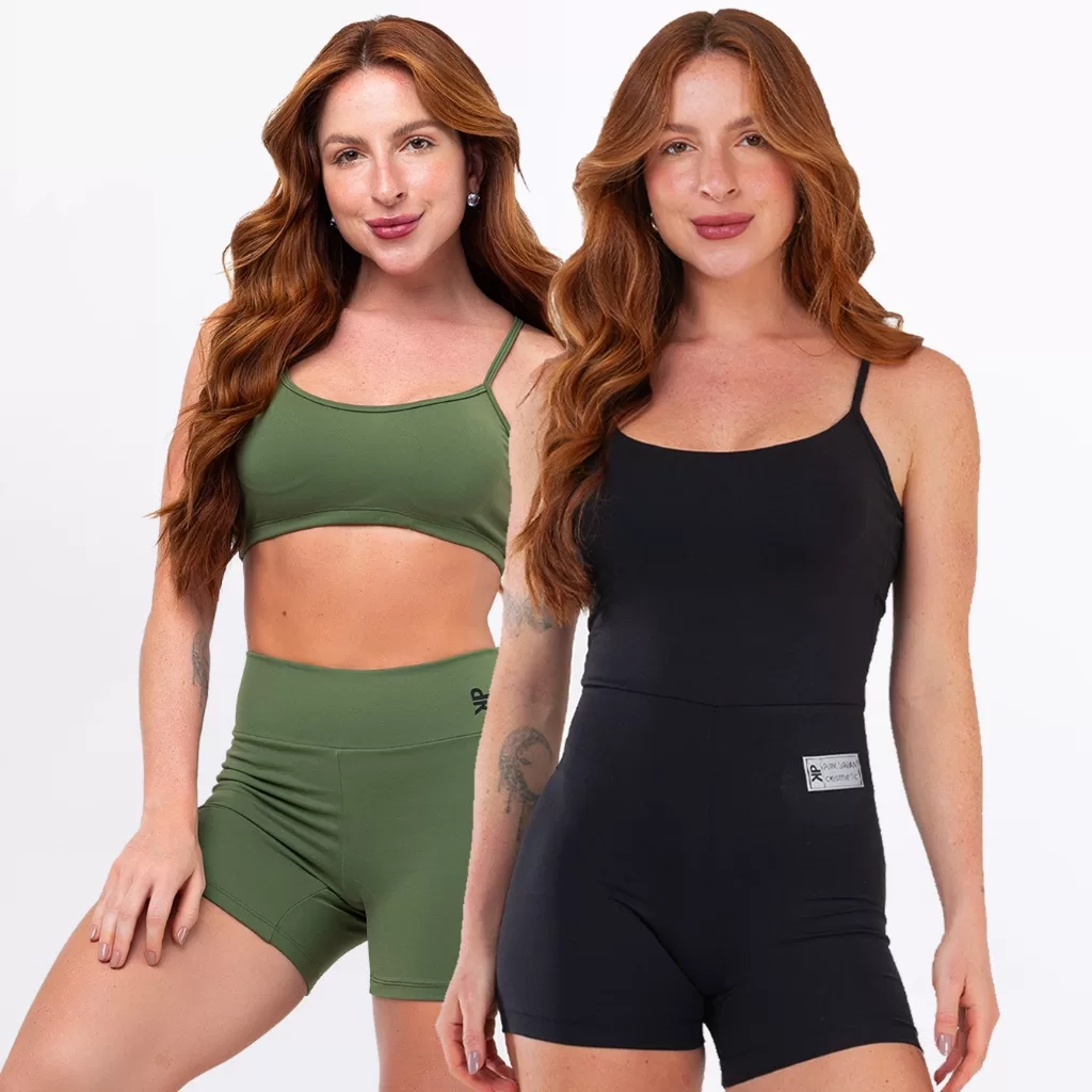 Kit Macaquinho Alcinha Costa Nua + Conjunto Fitness Top Alça Short Meia Coxa Zero Transparência