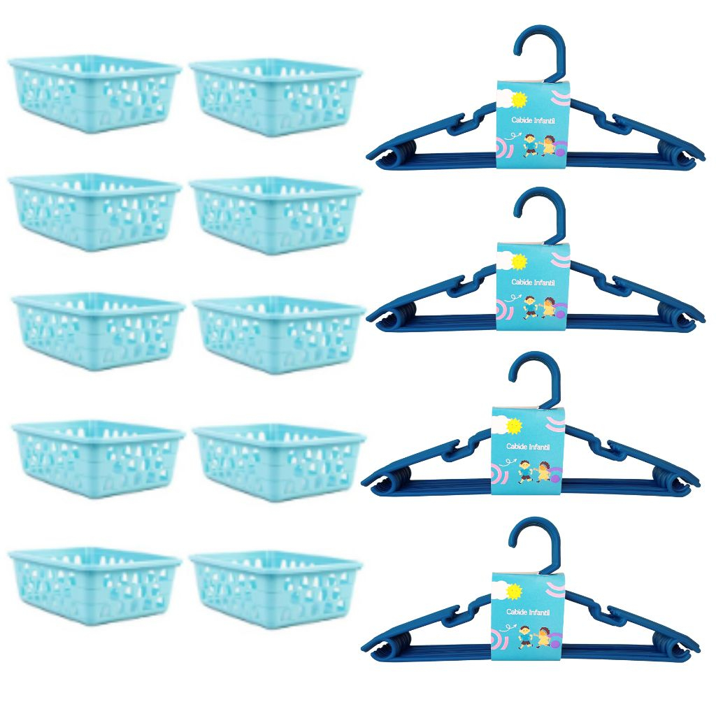Kit 10 Cestos Organizador Multiuso Azul Pequeno + 20 Cabides Infantil Bebê Azul