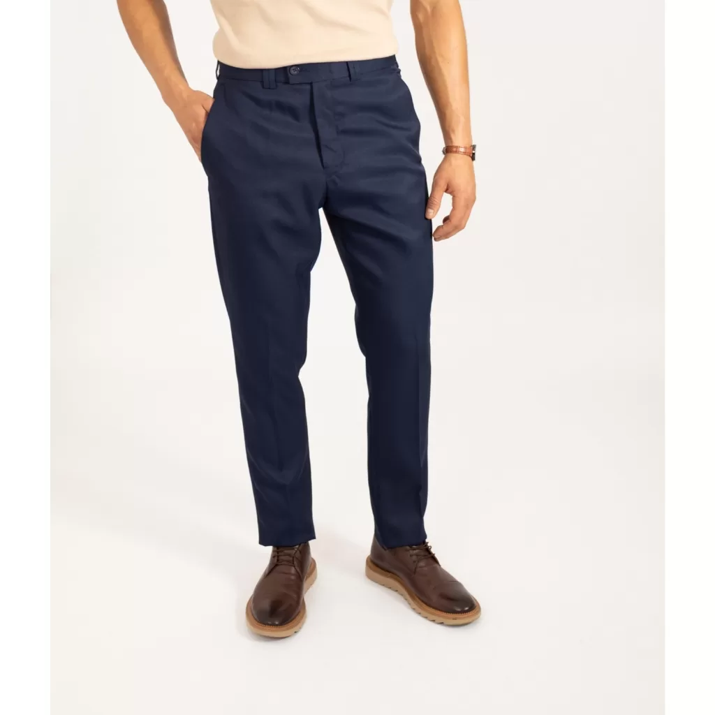 Calça Social Masculina Slim Azul Marinho, Tecido Microfibra Liso, Cós transpassado, Sem Barra