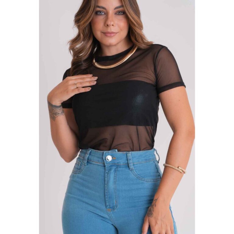 Blusa Feminina Tule Transparente Mangas Curtas