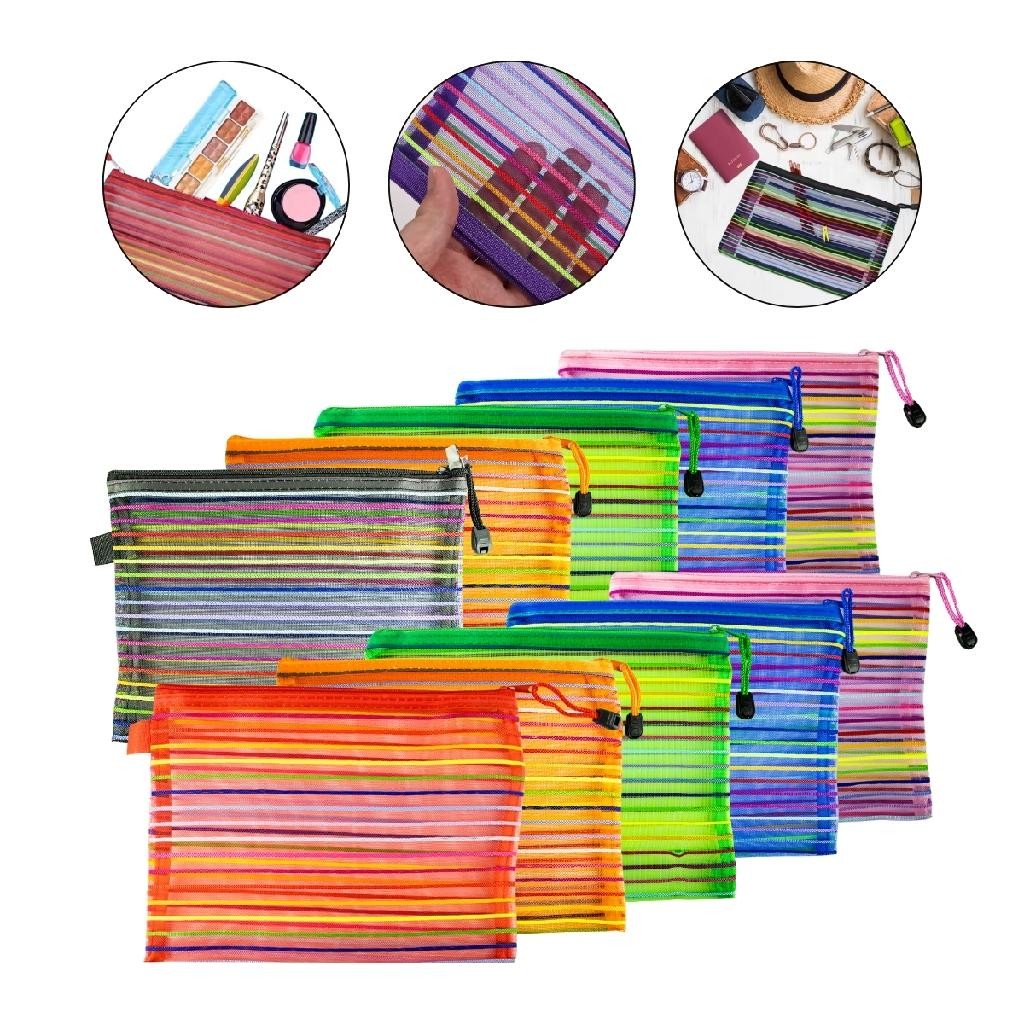 Kit 10 Necessaire Estojo Nylon Colorida Viagem Escola Make Organizador Bolsa Viagem Volta as Aulas