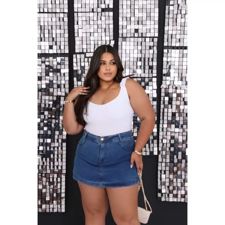 Short Saia Plus Size Jeans Cintura Alta Com Stresh