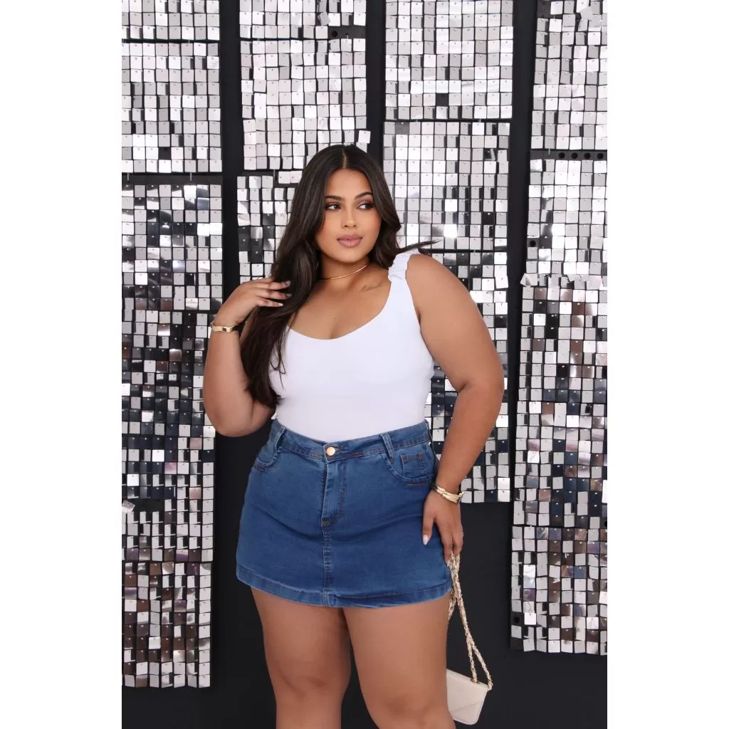 Short Saia Plus Size Jeans Cintura Alta Com Stresh 48 ao 52