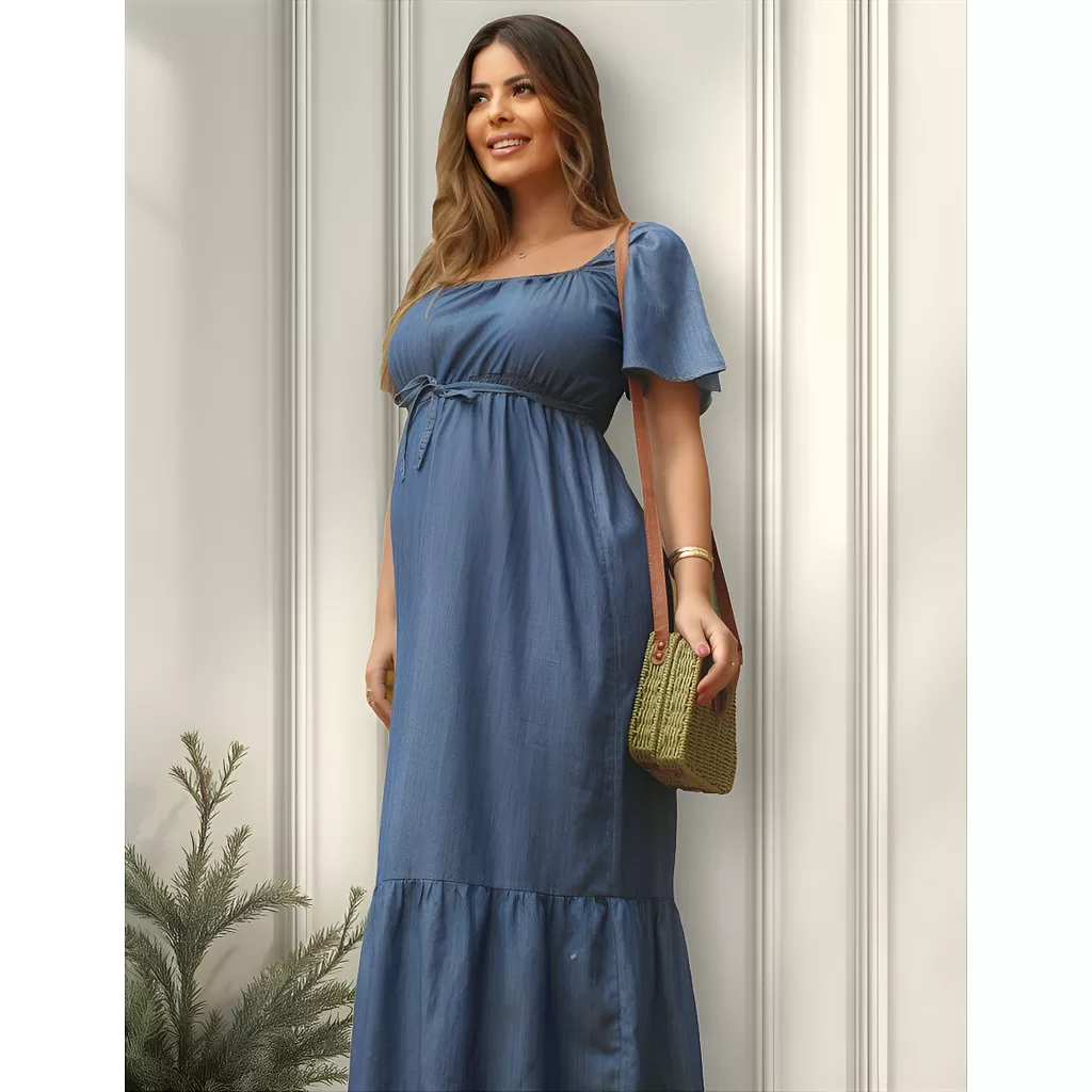 Vestido Cigana Longo Jeans Leve Gestante Cigana Moda Casual Grávida Maternidade