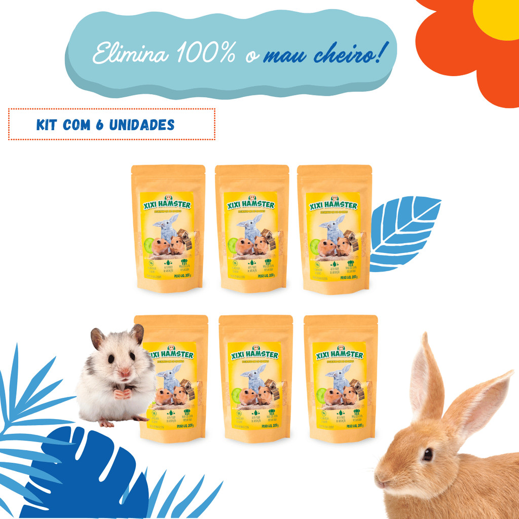 Kit c/ 6 Xixi Hamster Eliminador de Odores Gaiola Roedores Porquinho da Índia Coelho Furão Atóxico