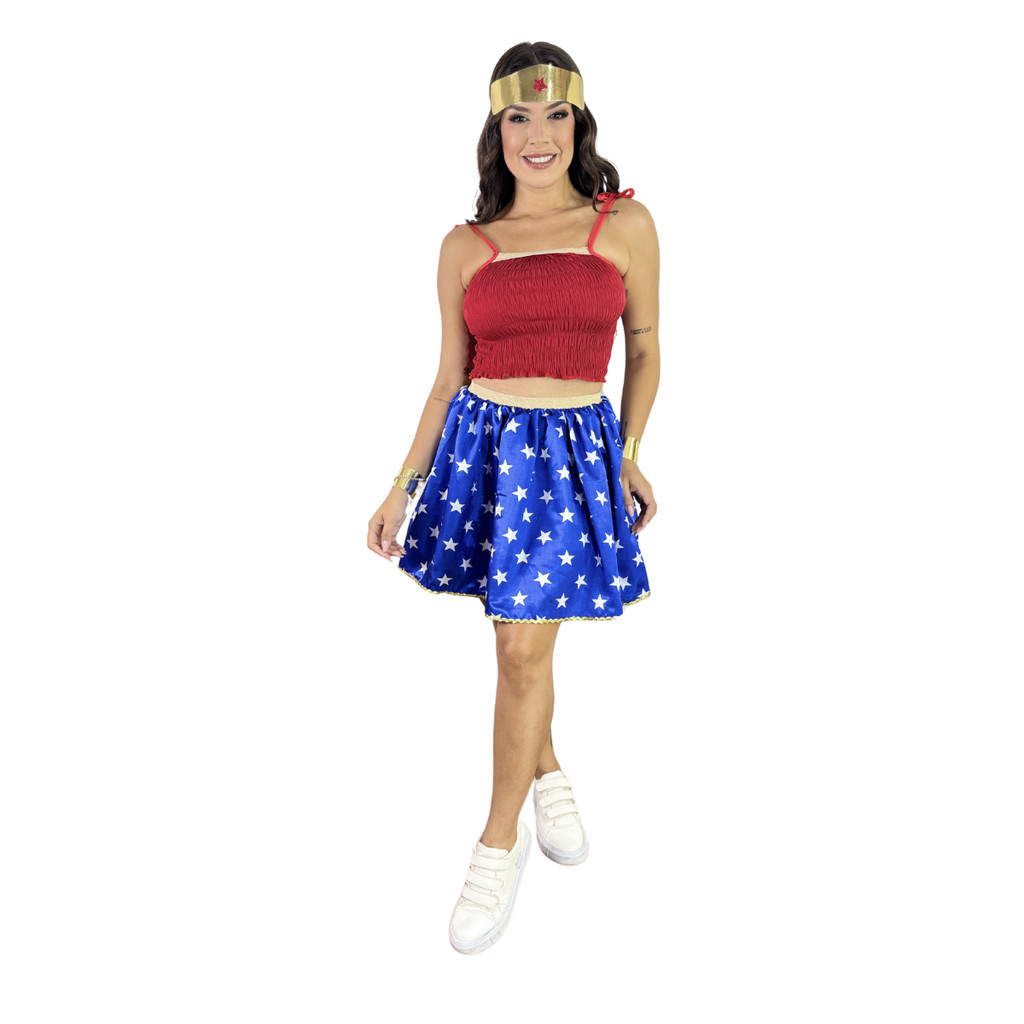 Fantasia Feminina Adulta Conjunto Heroína Mulher Maravilha