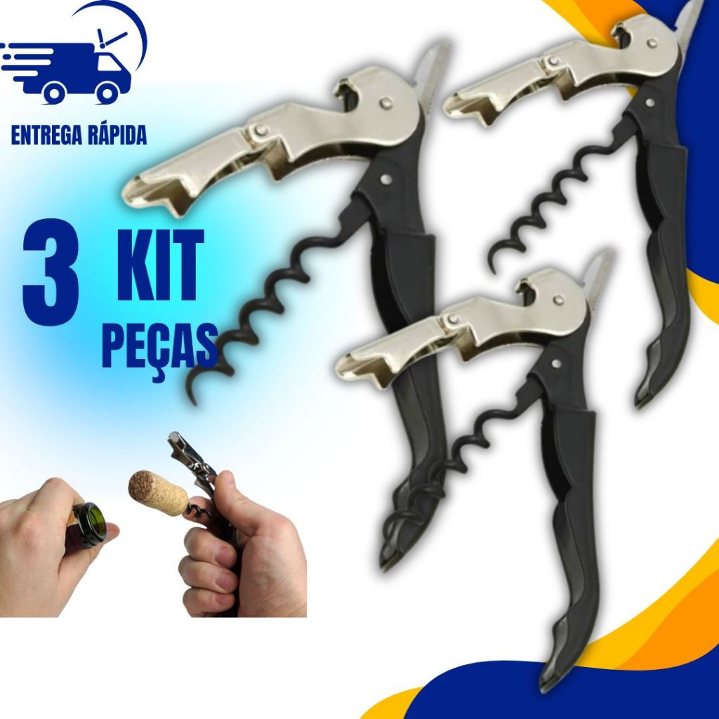 Kit 3 Saca Rolhas, Abridor de Garrafa de cerveja em Inox Cortador de Capsula 3 em 1