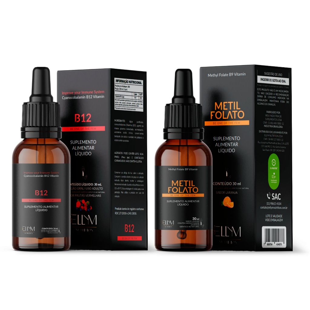 Vitamina B12 + Vitamina B9 Sublingual em Gotas Ellym Nutrition Sistema Nervoso Suporte Gestacional