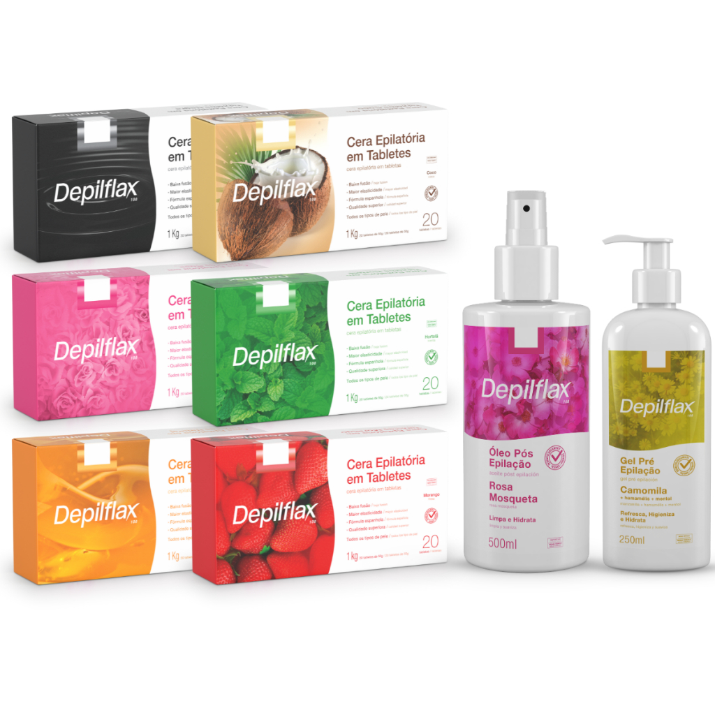 Kit Depilflax Cera Quente Depilatória Fragrâncias 1Kg Gel Pré Calmante Camomila 250ml Óleo Pós 500ml