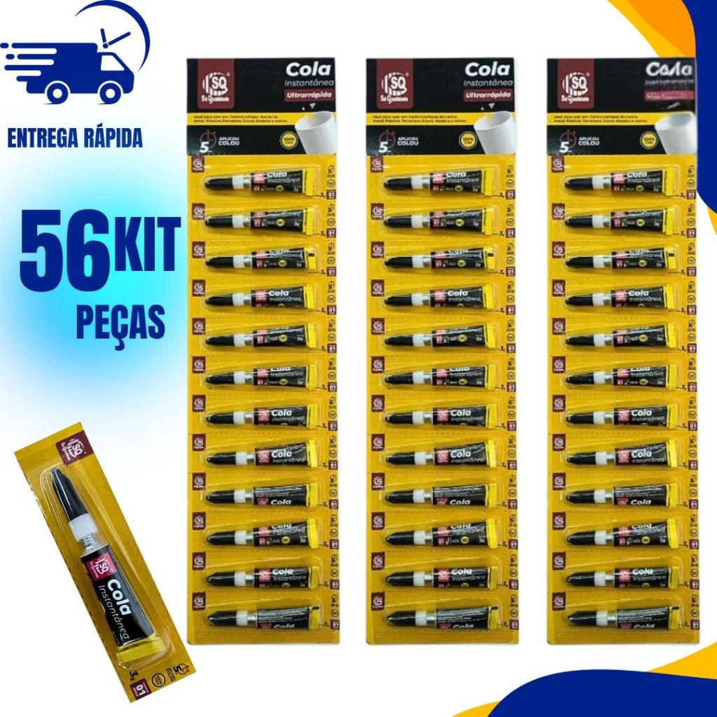 KIT 56 Super Cola Instantânea Tubo 3g Ultra Rápida Adesivo Transparente Uso Geral C/56 Ou 28 Unid