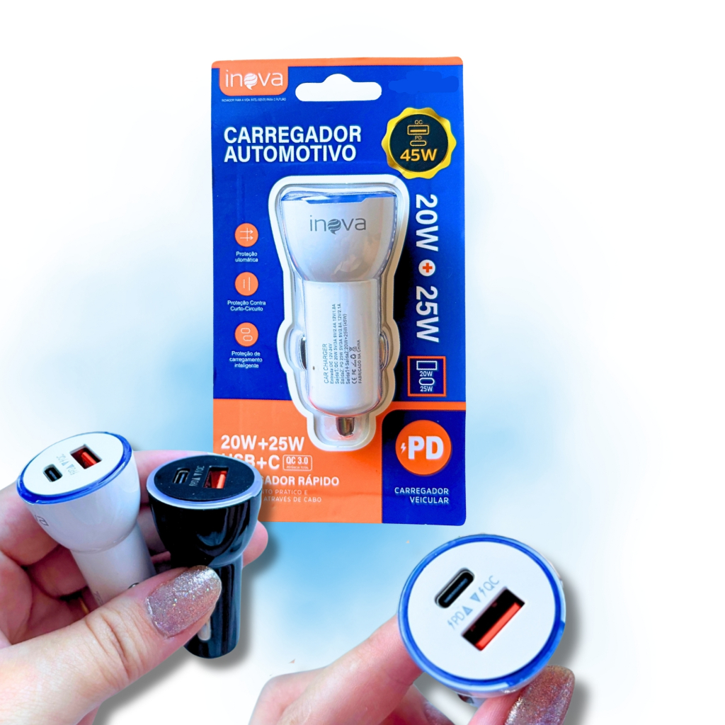 Carregador Turbo Automotivo Celular USB e Tipo-C 40w Fonte Tomada Rapido Proteção Sobrecarga