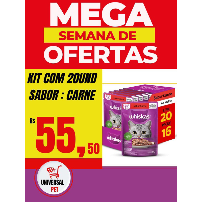 CAIXA 20 SACHÊS WHISKAS CARNE 85gr.