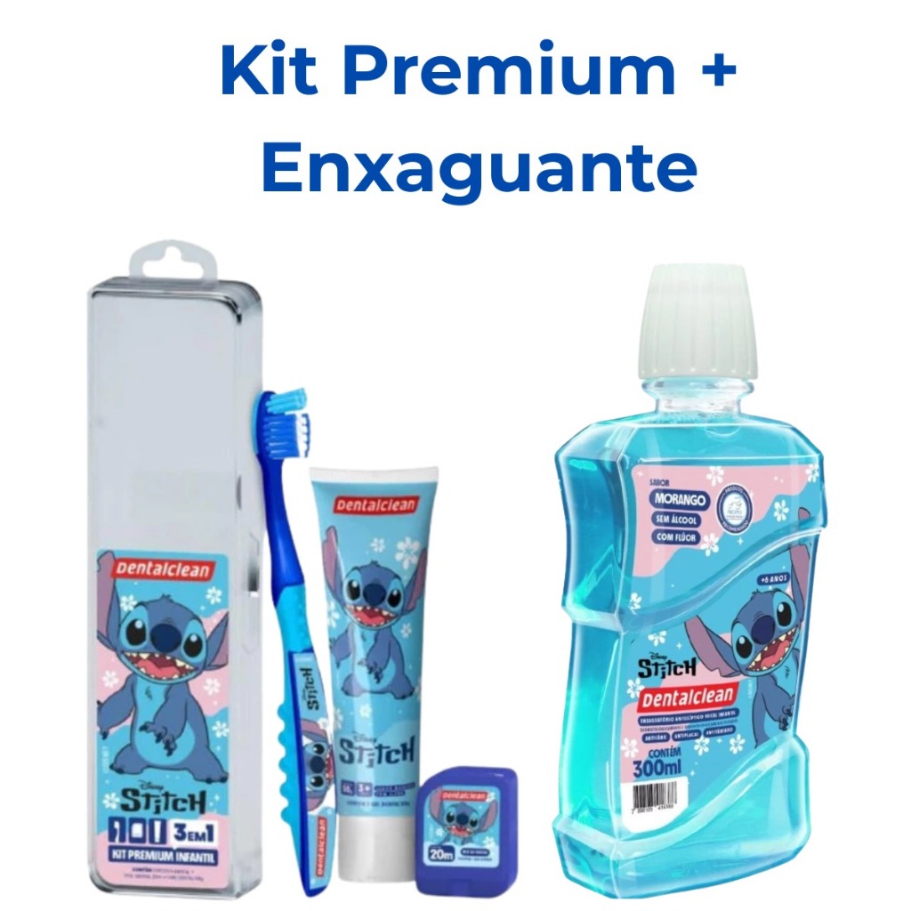 Kit Premium + Enxaguante Bucal Dentalclean Infantil Stitch Combo Completo – Pasta Cores Colecionávei