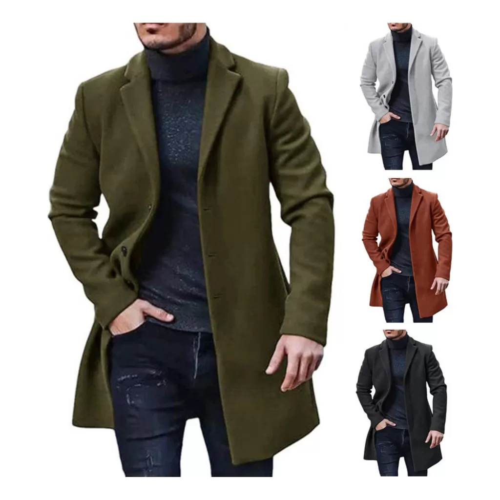 Casaco Longo Masculino De Lã De Cor Sólida Com Peito Único