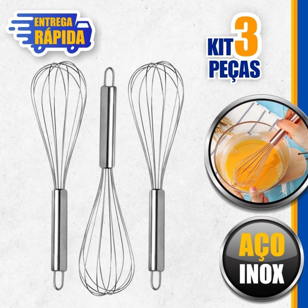 KIT 3 Batedor de Ovos e Massas Em Aço Inox Fouet Fue Profissional o Mixer Manual 30cm