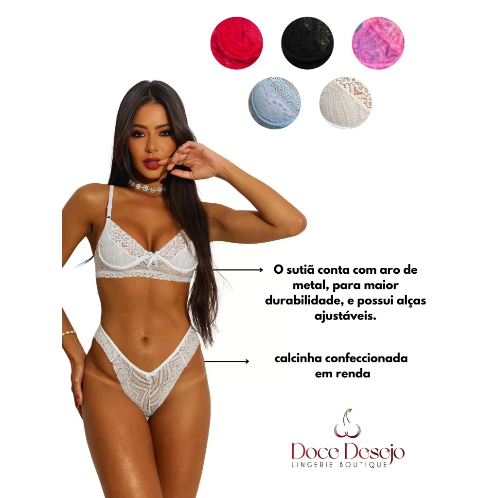 Conjunto de Lingerie Rendada com Aro, sem Bojo ,Calcinha e Sutiã Sexy com Alças Reguláveis
