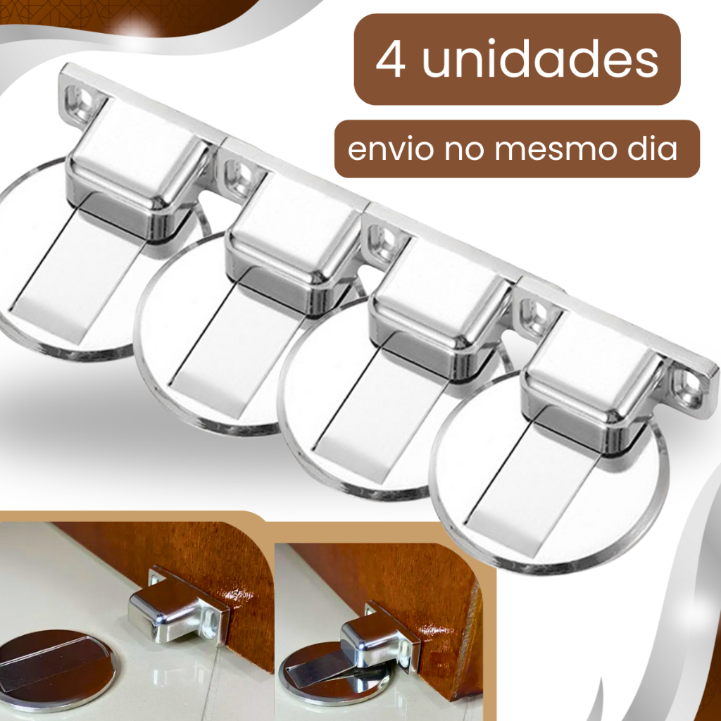 Prendedor Trava Fixador de Porta Magnético Slim Inox Cromado Adesivo