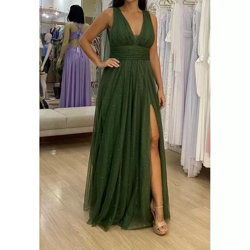 vestido de festa longo madrinha formatura casamento convidada debutante elegante tule verde oliva br