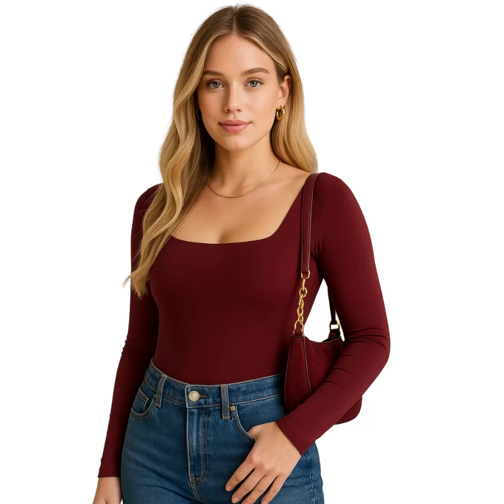 Body Feminino Suplex com toque de poliamida Decote Quadrado Manga Longa Meia Estação