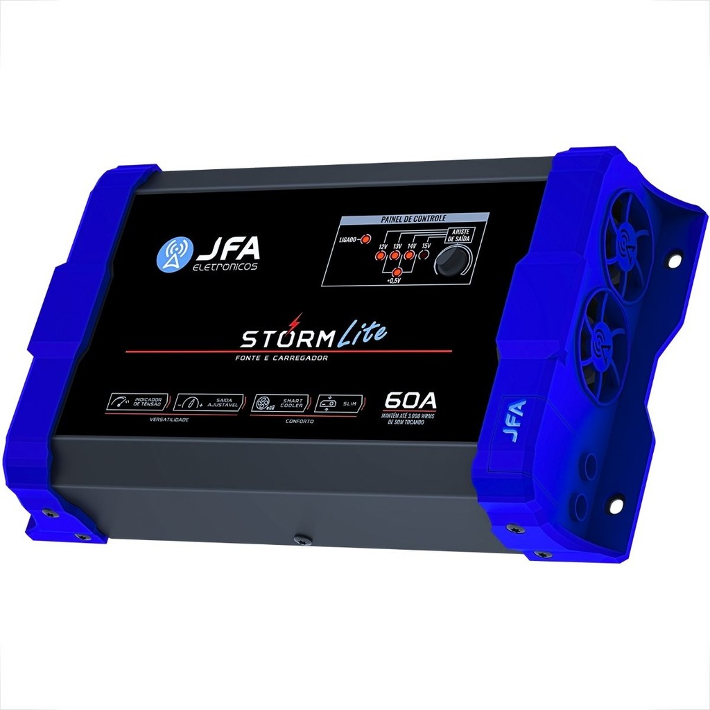FONTE CARREGADOR AUTOMOTIVO DE BATERIAS JFA 60A AMPERES 12V STORM LITE BIVOLT MODELO NOVO