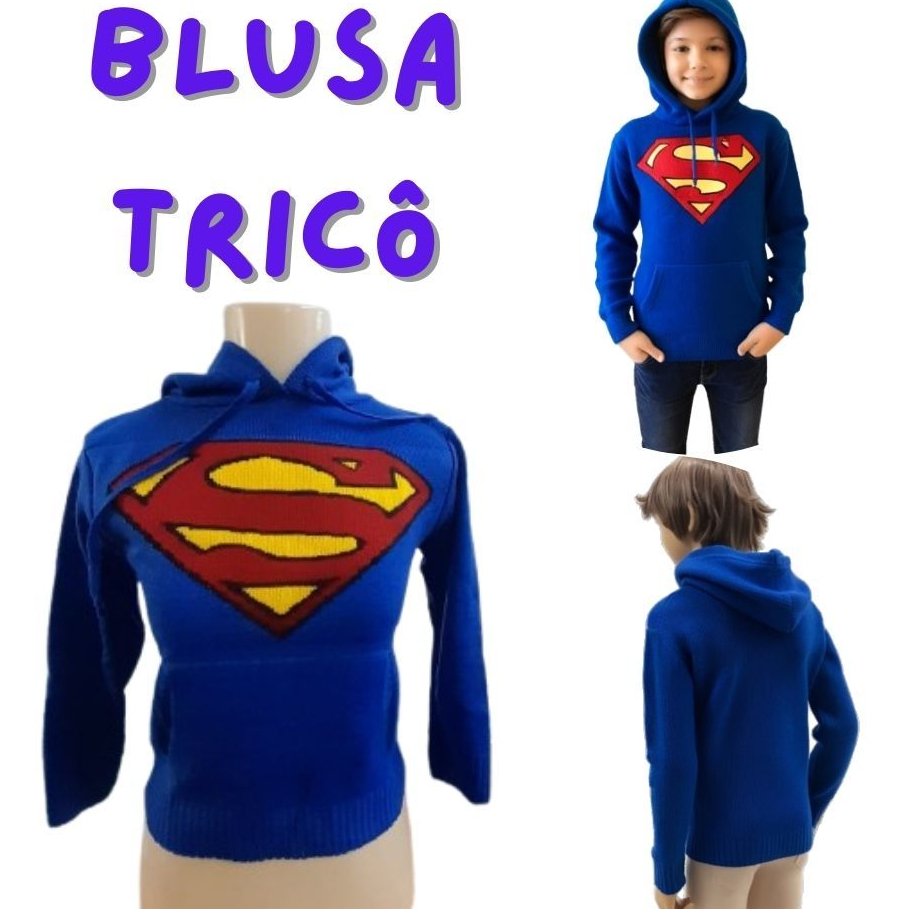 Blusa Infantil Tricô em Lã P/ Menino Capuz Estiloso Bolso Estampa Tricotada Inverno Tamanhos P ao GG