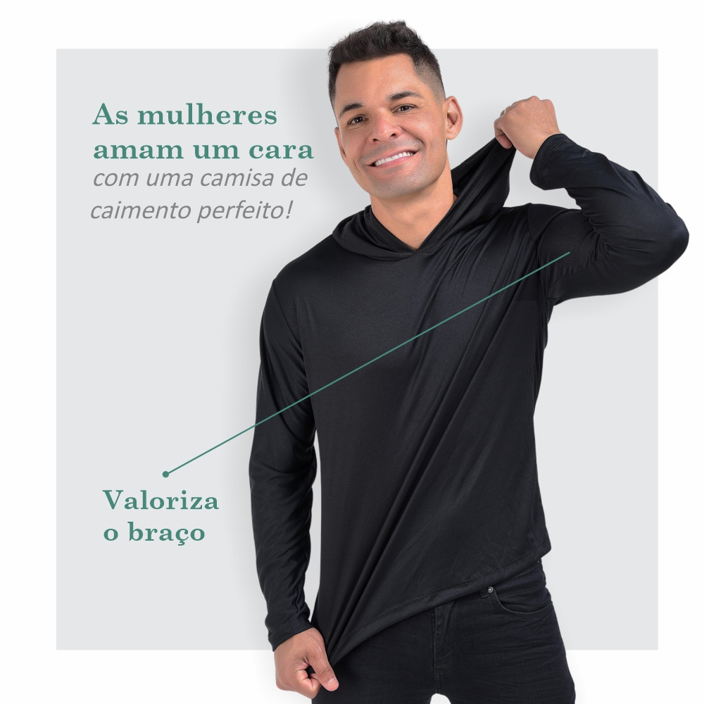Camisa Camiseta Dry fit Manga Longa Esportiva com Capuz Masculina Proteção Uv 50+ Touca Academia Tre