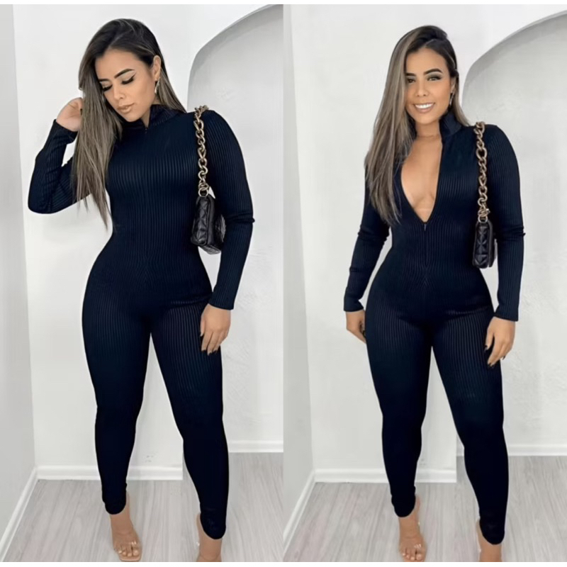 Macacão Manga Longa Virgínia Ribana Canelado com Zíper Academia Balada