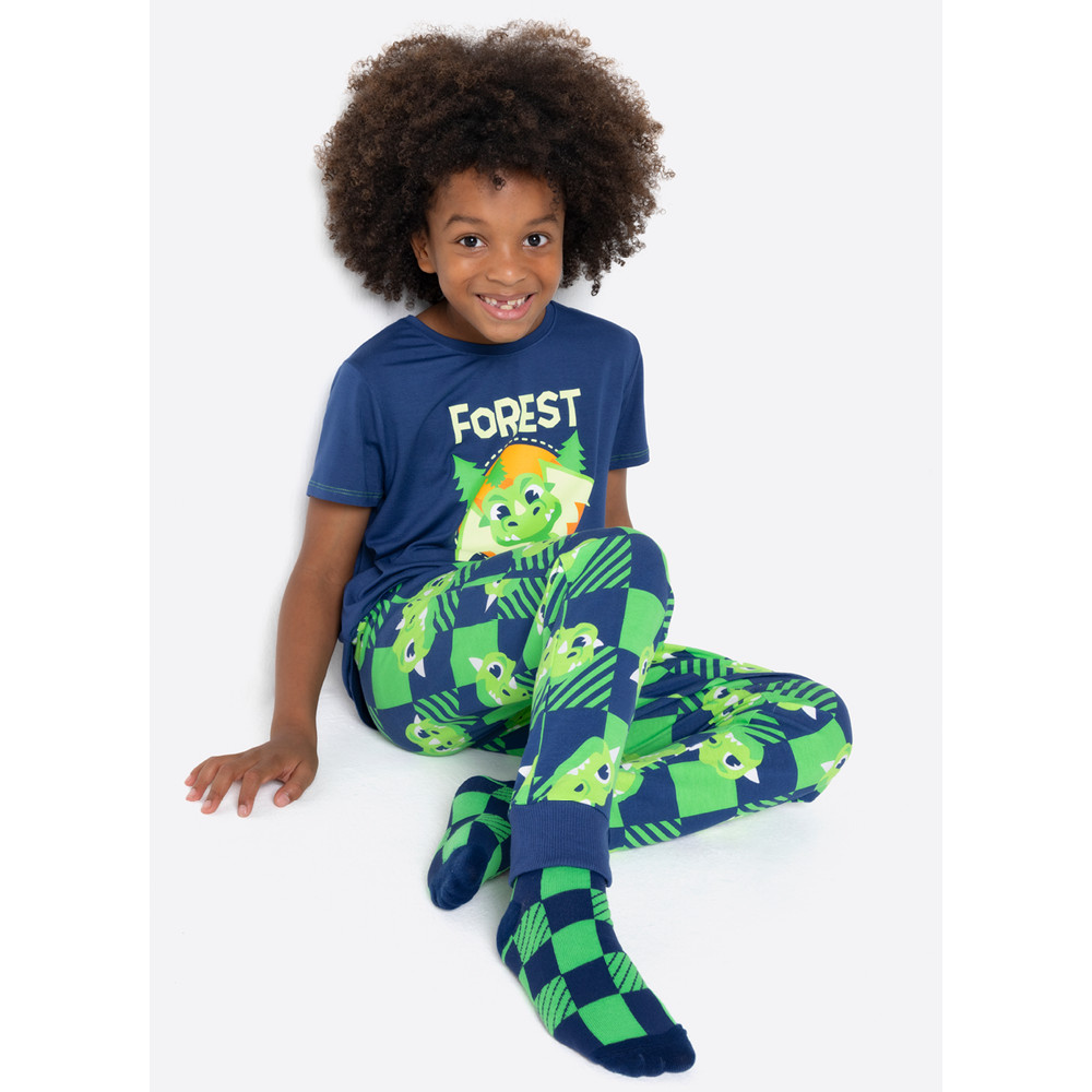 Pijama Infantil Menino Camiseta Manga Curta e Calça Dragão Camping Conjunto 2 Peças Puket