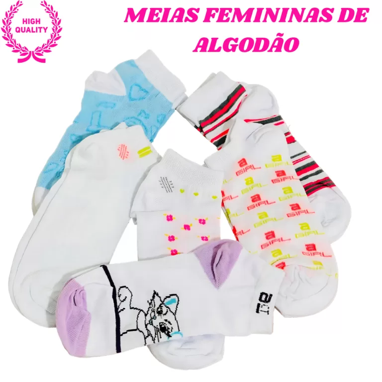 Kit 3 Pares de Meias Feminina de Algodão Soquete 