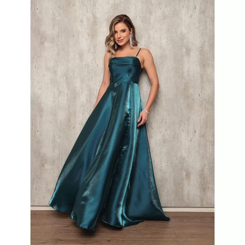 Vestido Longo de Festa Organza Alcinha Tiras Nas Costas Brilhante Formanda Festa 15 anos Casamento
