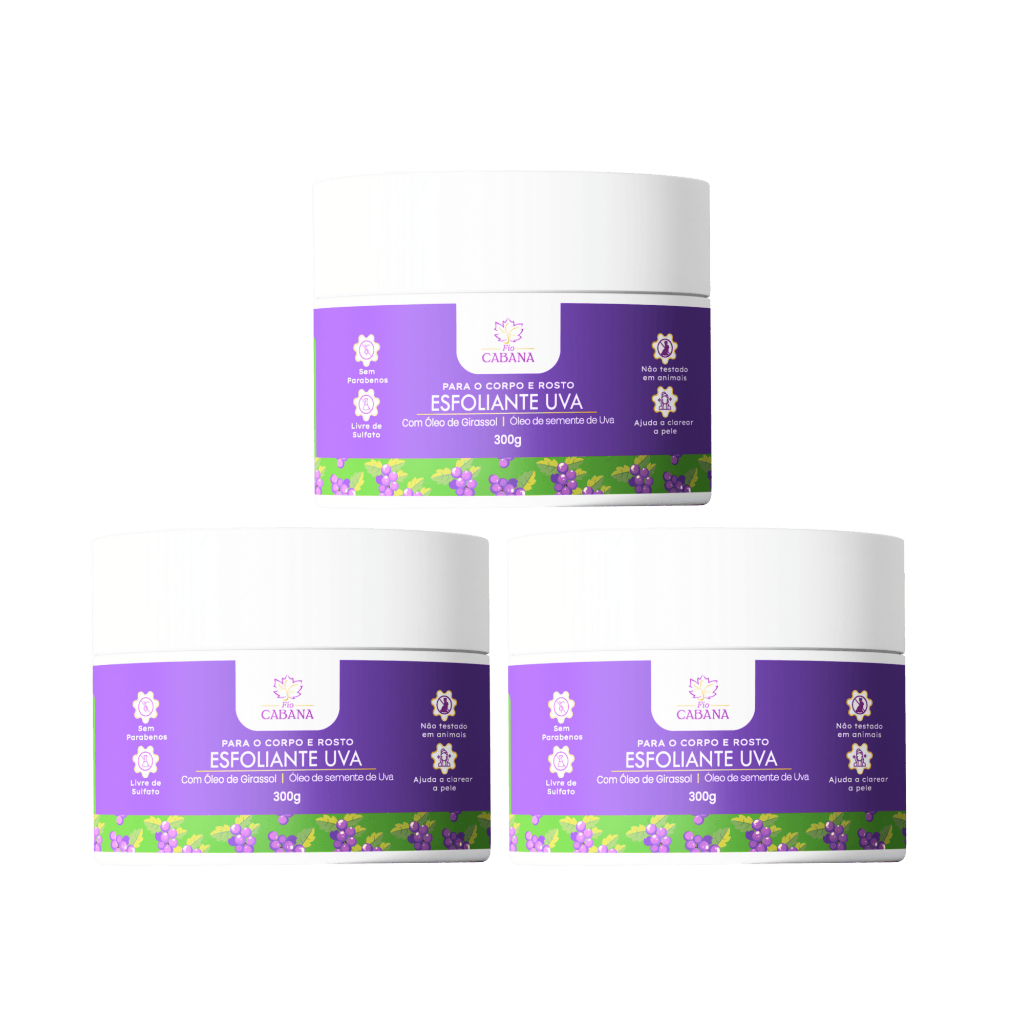 Kit 3x Esfoliante Corporal e Facial Uva Fio Cabana 300g | Hidratação, Nutrição e Pele Renovada