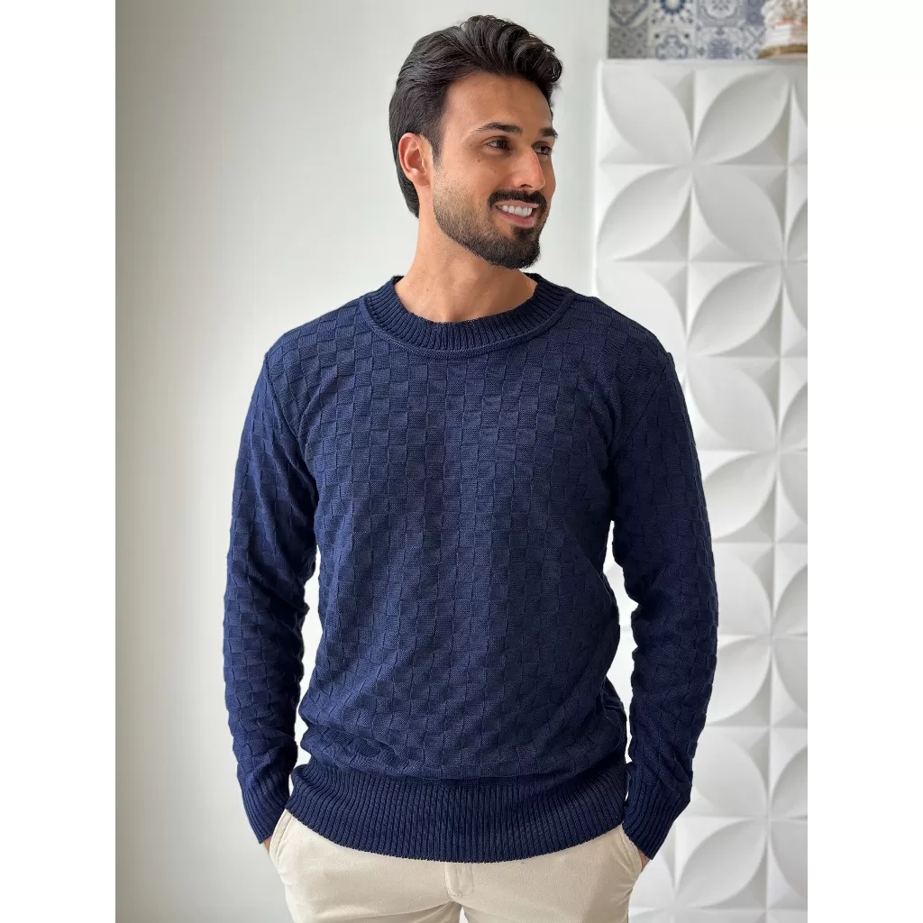 Blusa Sueter Masculino Xadrez/Quadriculado Estilosas De Frio Manga Longa Gola Redonda Inverno Tricot